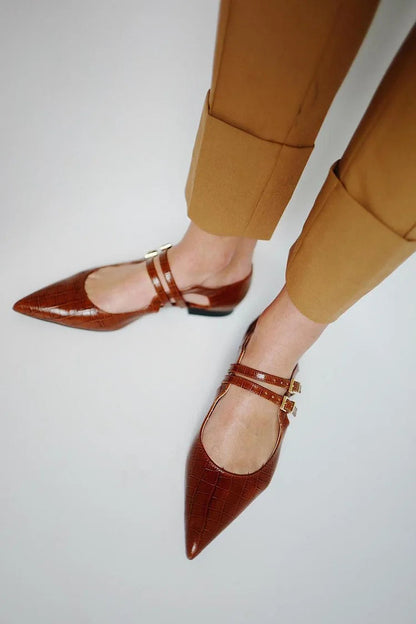 Pointed Toe Crocodile Print Two Straps Buckles Brown Flats