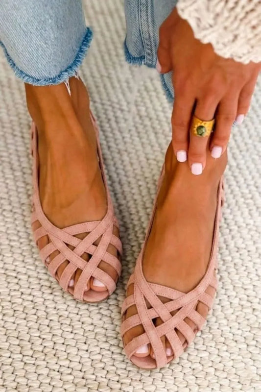 Chic Dusty Pink Suede Strappy Woven Cut-Out Flats