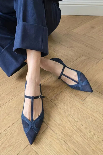 Retro Navy Blue Faux Suede Pointed Toe T-Strap Flats
