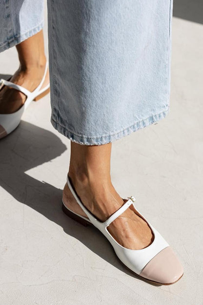 Colorblock Instep Strap Buckle Slingback White Flats