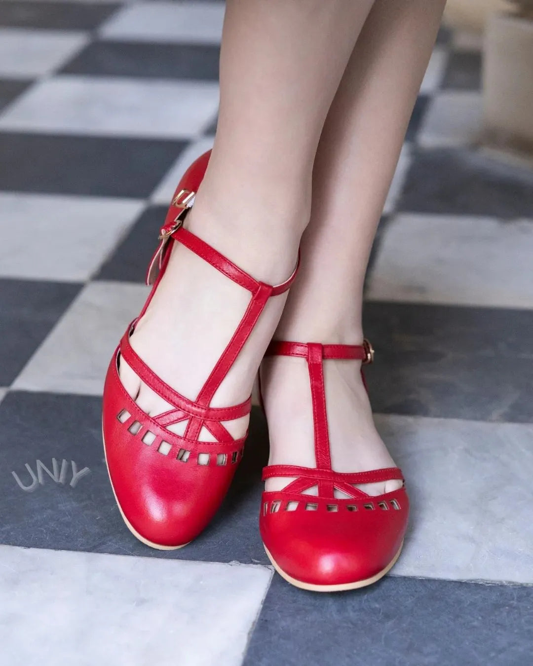 Red PU Leather T-Strap Cutout Round Toe Mary Jane Flats