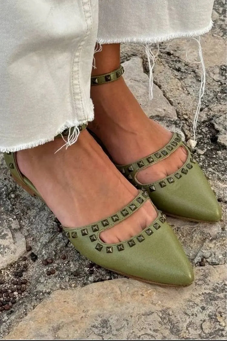 Studded Green Pointy Toe Flats