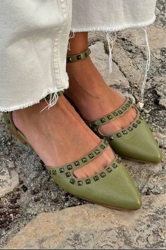 Studded Green Pointy Toe Flats