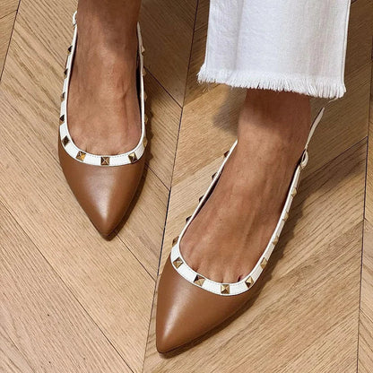 Metal Rivets Decor Contrast Trim Pointed Toe Brown Flats