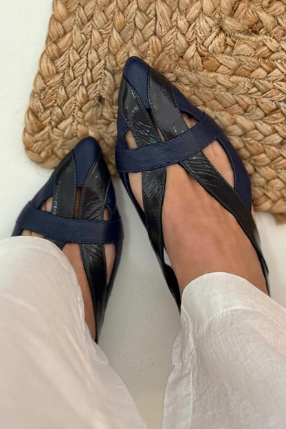 Patchwork Hollow Out Pointed Toe Slingback Navy Flats