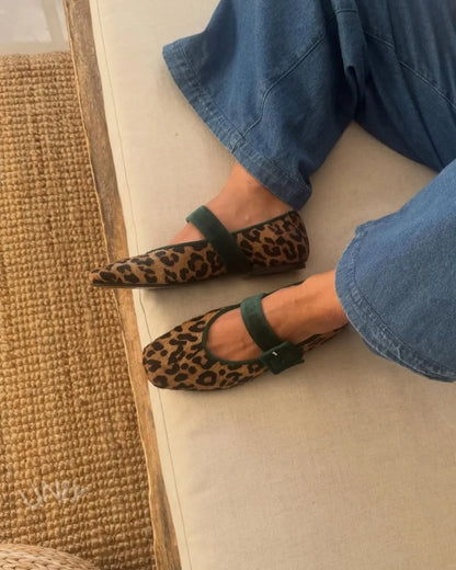 Retro Leopard Pattern Mary Jane Emerald Green Strap Flats