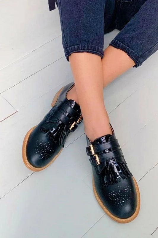 Attractive Two Straps Buckles Fringed Trim Low Block Black Heels Oxfords