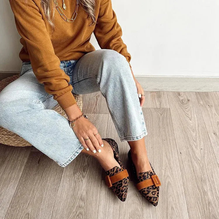 Leopard Print Strap Buckle Decor Pointed Toe Brown Flats