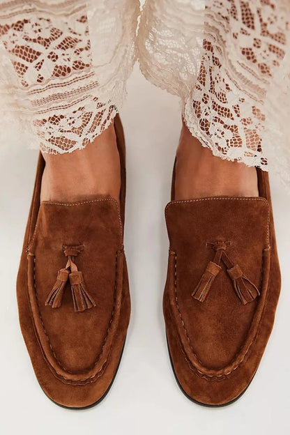 Quilted Tassels Trim Round Toe Slip On Brown Flats