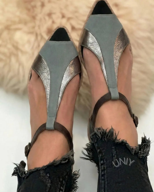 Vintage Green Metallic Color Block Pointed Toe T-Strap Flats