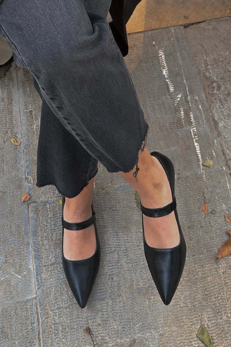 Solid Color Instep Strap Pointed Toe Black Flats