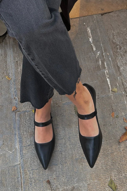 Solid Color Instep Strap Pointed Toe Black Flats