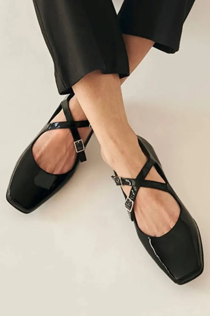 Classic Black Patent Square Toe Crisscross Ankle Strap Flats