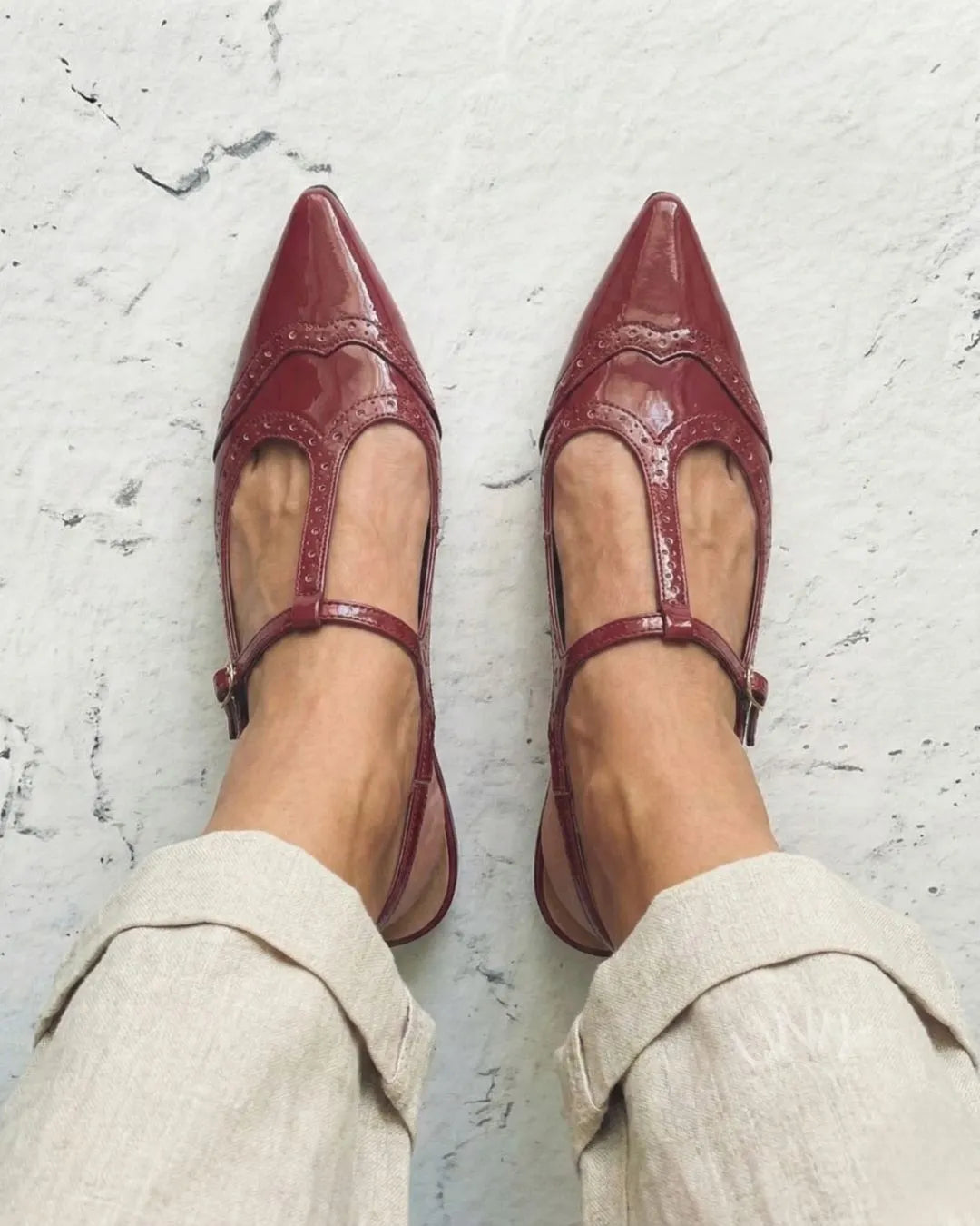 Vintage Burgundy Patent Leather Pointed Toe T-Strap Flats