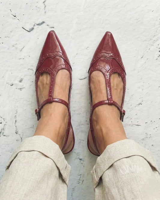 Vintage Burgundy Patent Leather Pointed Toe T-Strap Flats