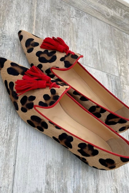 Red Tassel Pointed Toe Leopard Print Versatile Flats