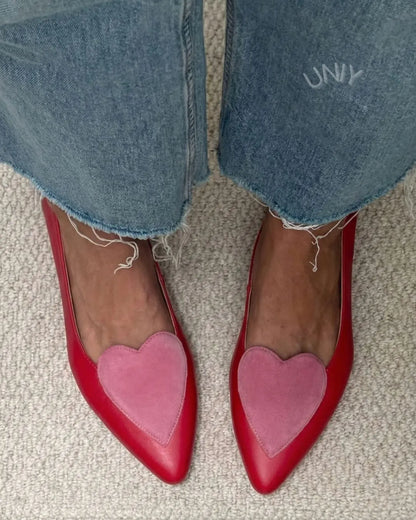 Color Block Pointed Toe Heart Detail Slip-On Casual Flats
