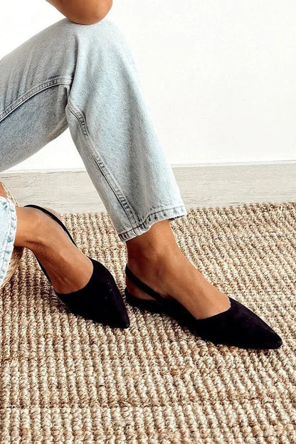 Pointed Toe Slingback Solid Color Black Flats