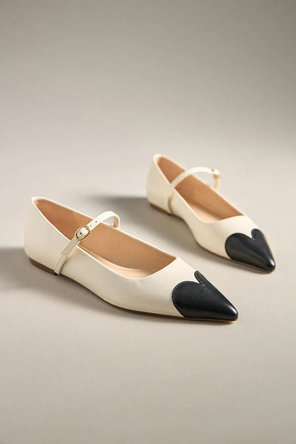 Colorblock Instep Strap Buckle Pointed Toe Ivory Flats