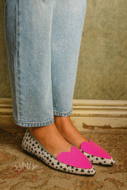 Pink Heart Star Print Pointed Flats