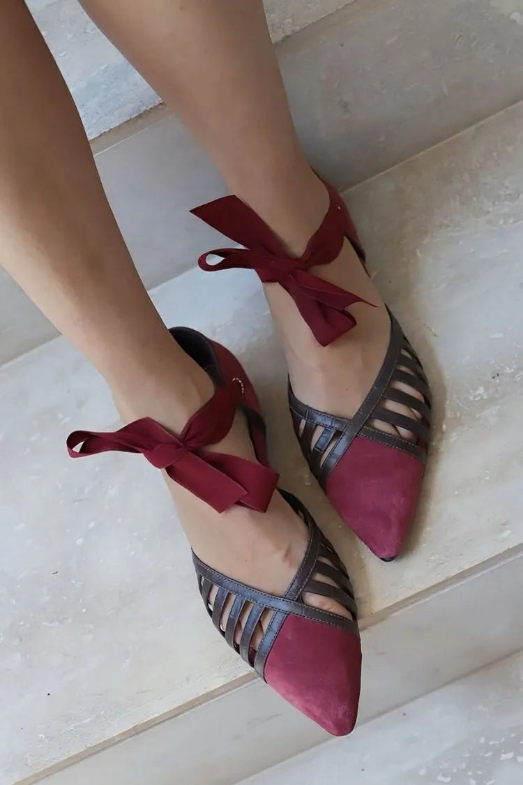 Versatile Colorblock Patchwork Pointed Toe Cutout Bow Tie Flats
