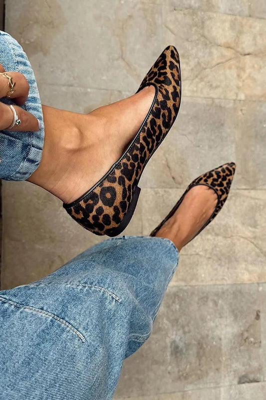 Pointed Toe Leopard Print Slip On Brown Flats