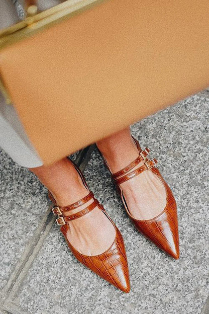 Pointed Toe Crocodile Print Two Straps Buckles Brown Flats