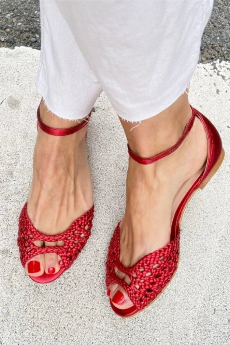 Woven Cutout Peep Toe Ankle Strap Red Flats