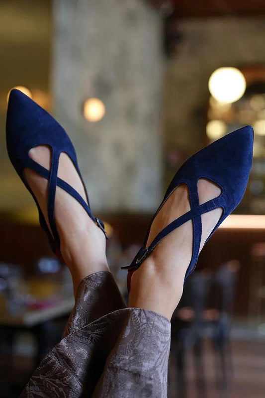 Colorblock Crossover Strap Buckle Pointed Toe Navy Flats
