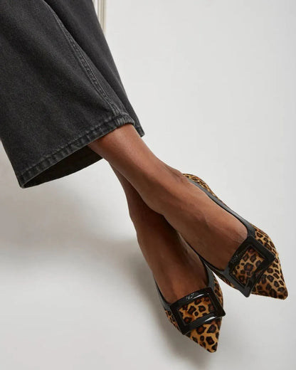 Leopard Print Pointed Toe Faux Suede Black Square Buckle Flats