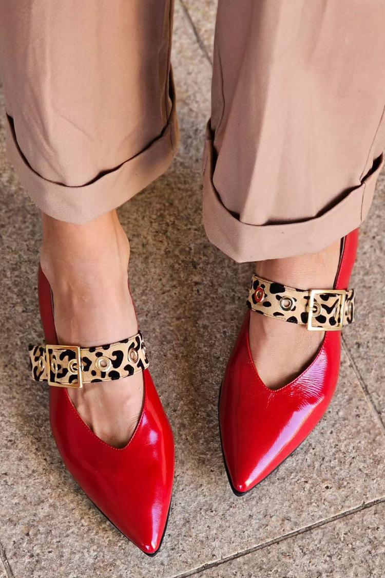 Leopard Print Strap Buckle Pointed Toe Red Flats