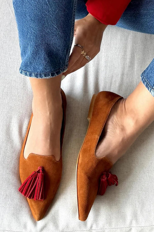 Colorblock Tassels Decor Pointed Toe Brown Flats