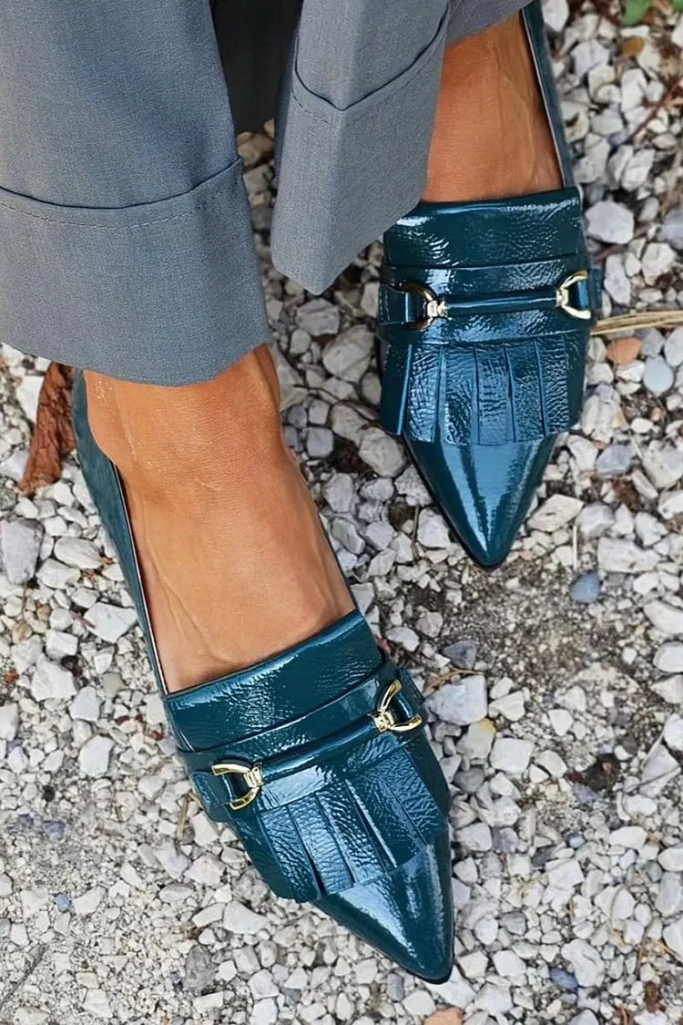 Fringed Trim Pointed Toe Solid Color Navy Flats