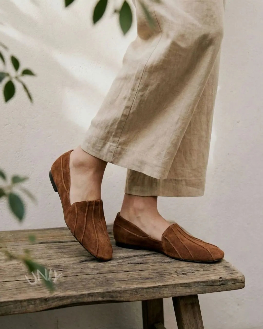 Brown Suede Pleated Loafers Minimalist Pointed Toe Flats