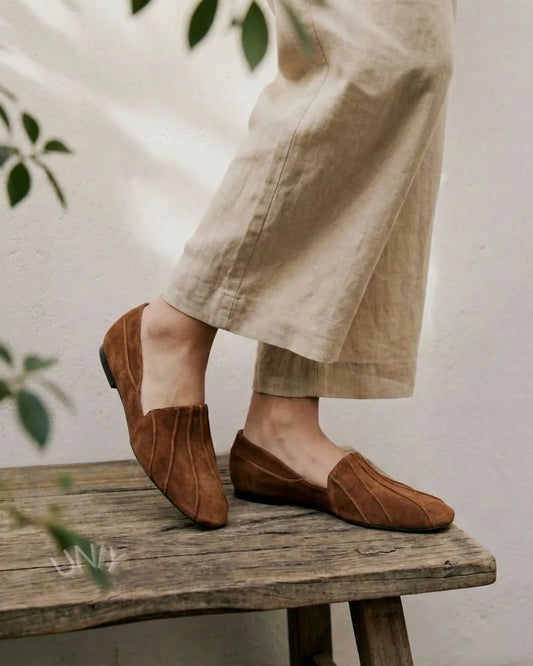 Brown Suede Pleated Loafers Minimalist Pointed Toe Flats