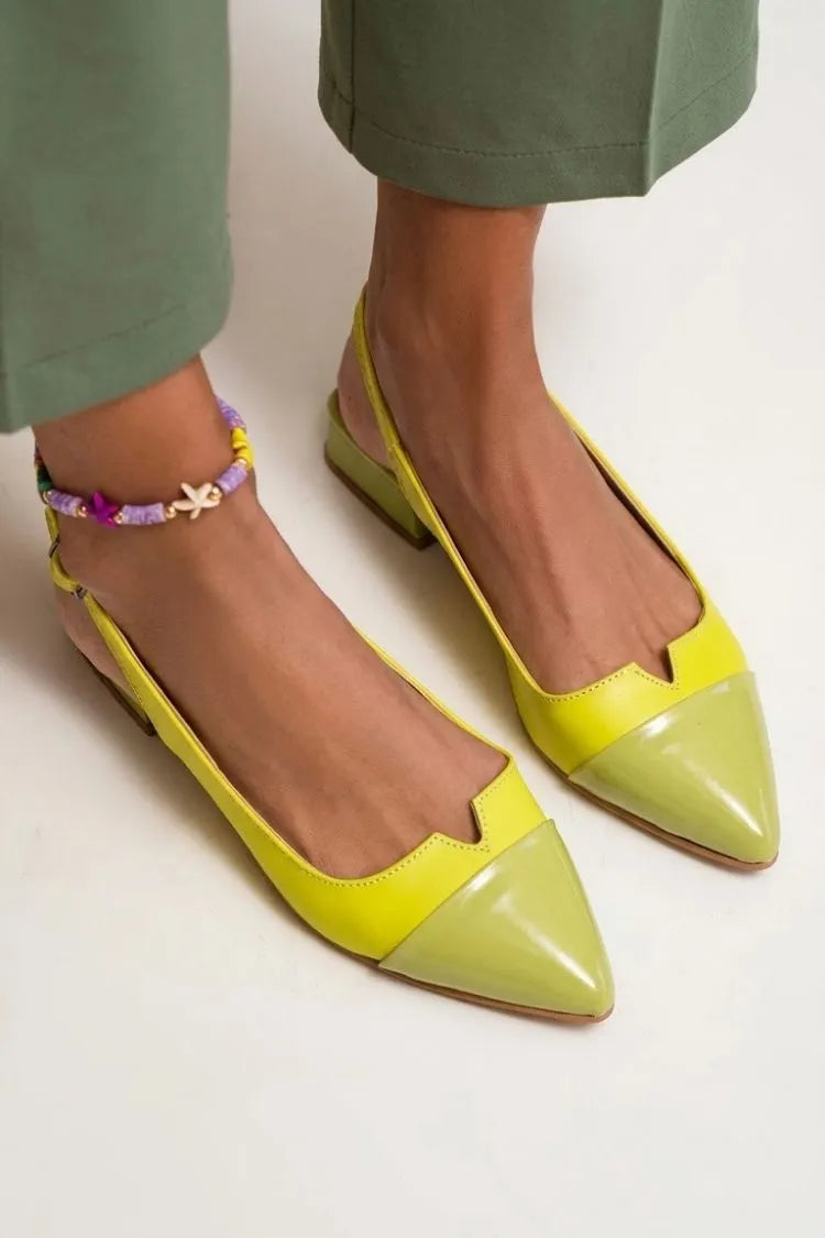 Colorblock Cut Out Buckle Slingback Strap Pointy Toe Flats