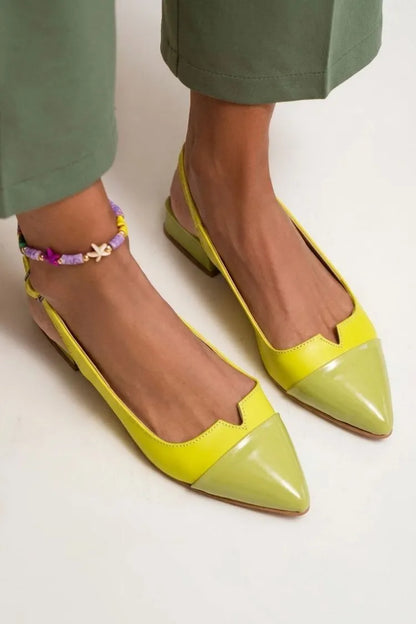 Colorblock Cut Out Buckle Slingback Strap Pointy Toe Flats