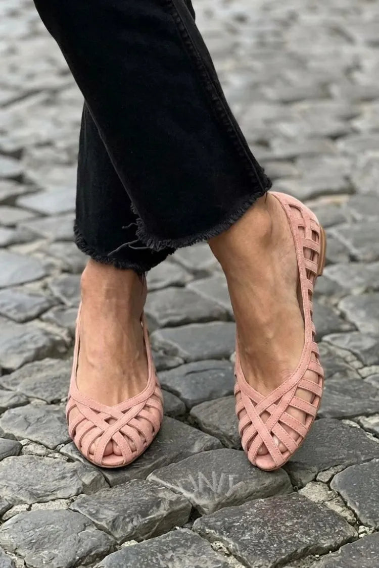 Minimalist Pink Hollow Out Woven Ballet Flats