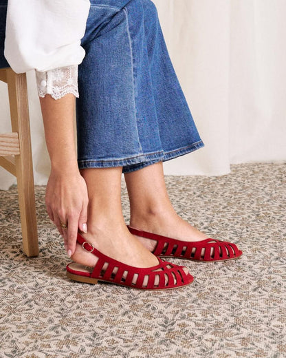 Strappy Cutout Peep Toe Slingback Red Suede Flats