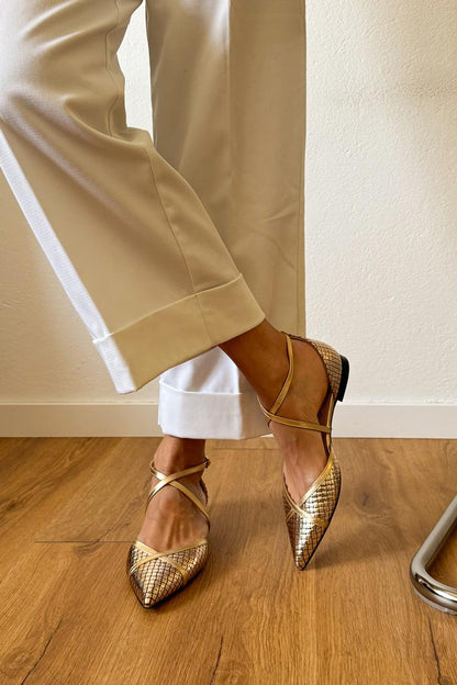 Metallic Sheen Cross Strap Buckle Pointed Toe Gold Flats