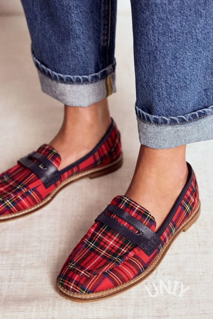 Red Plaid T-Strap Pointed Toe Casual Flats