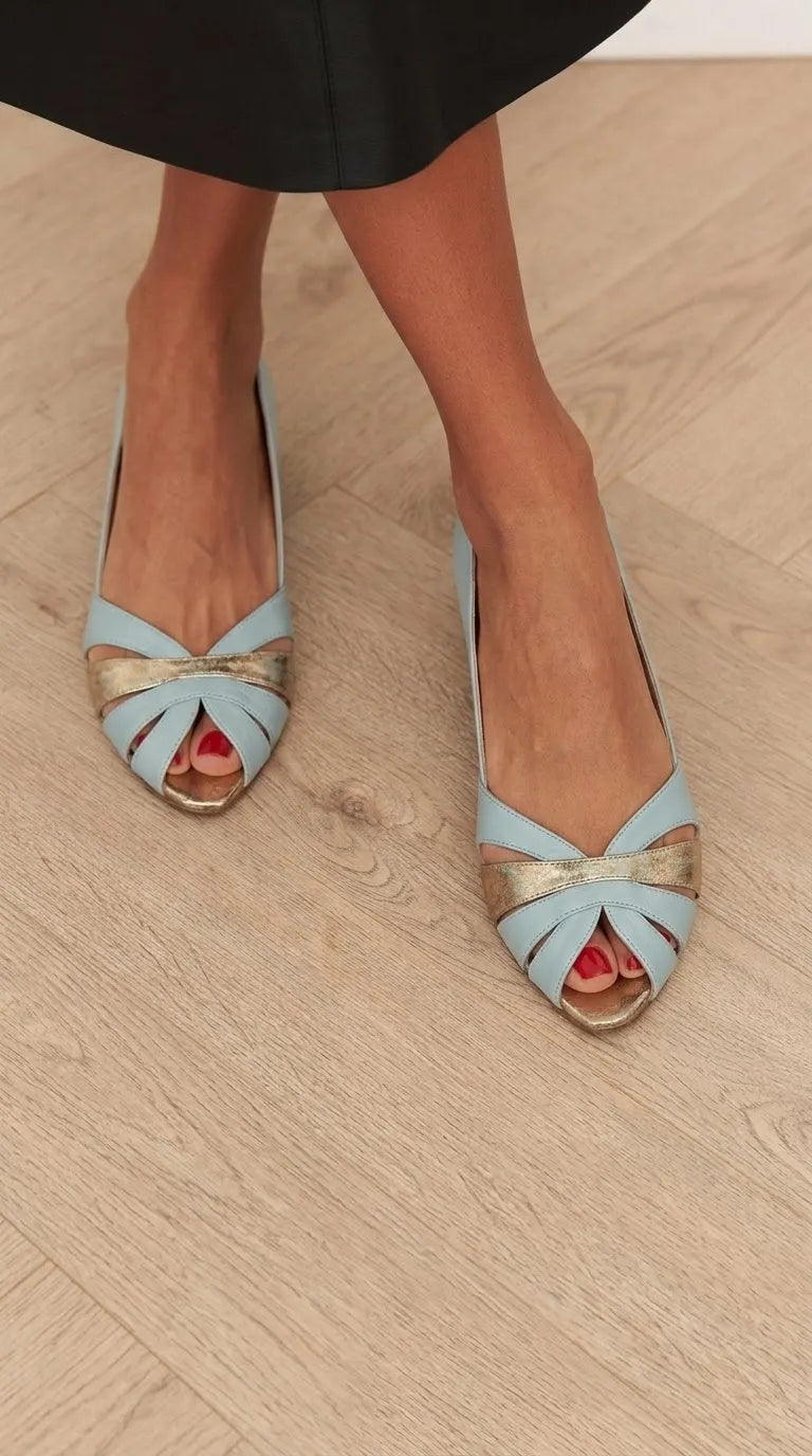 Light Blue Metallic Gold Interlocking Peep Toe Flats