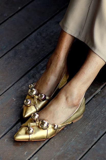 Metallic Sheen Round Rivets Decor Pointed Toe Gold Flats