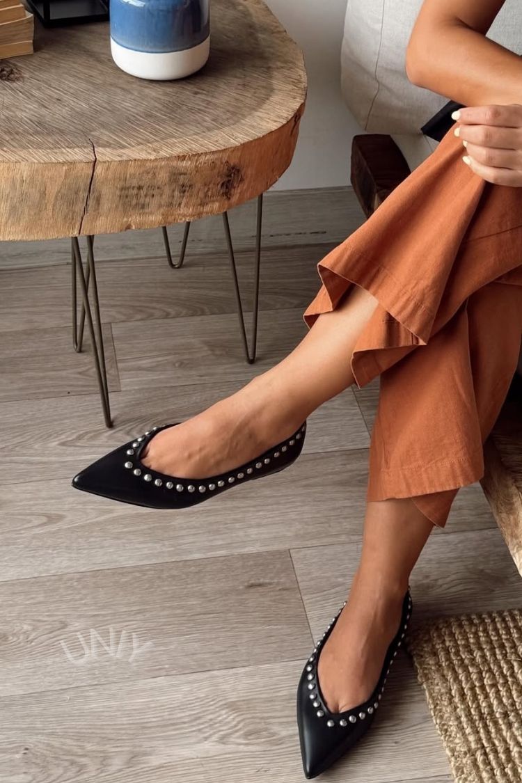 Chic Black Studded Pointed Toe Slip-On Flats
