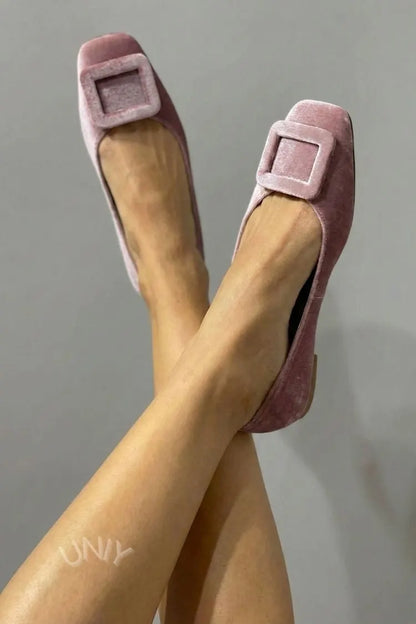 Velvet Square Buckle Soft Square Toe Flats