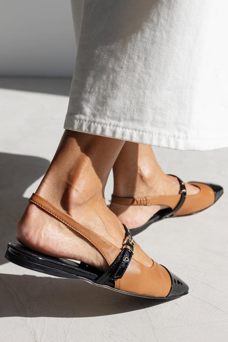 Instep Strap Buckle Colorblock Square Toe Brown Flats