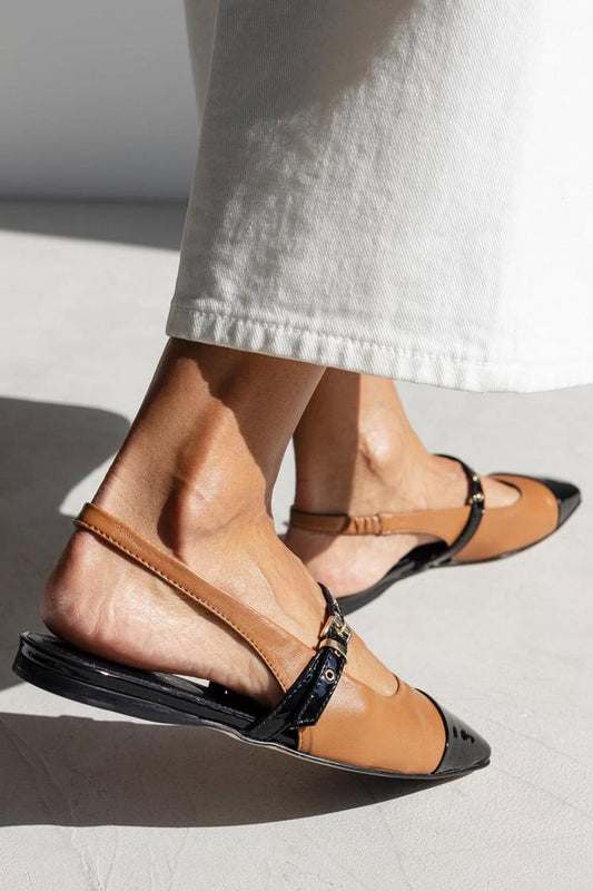 Instep Strap Buckle Colorblock Square Toe Brown Flats