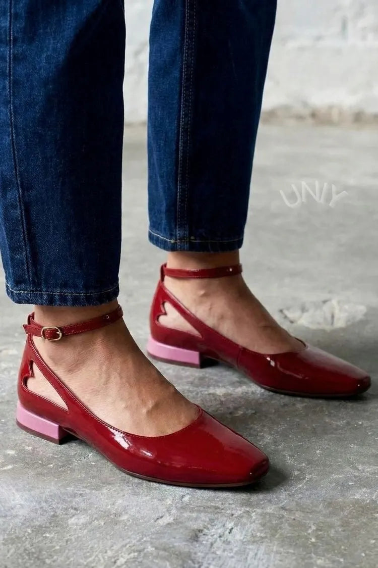 Elegant Color Block Patent Leather Heart Cutout Flats