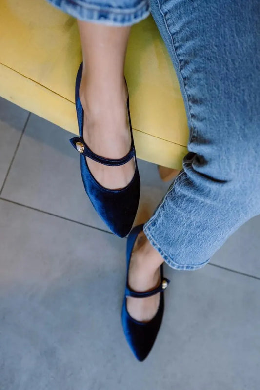 Blue Pointed Toe Velvet Metal Buckle Elegant Versatile Flats