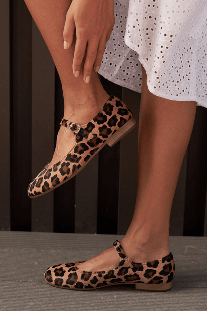 Leopard Print Faux Fur Buckled Strap Rounded Toe Flats